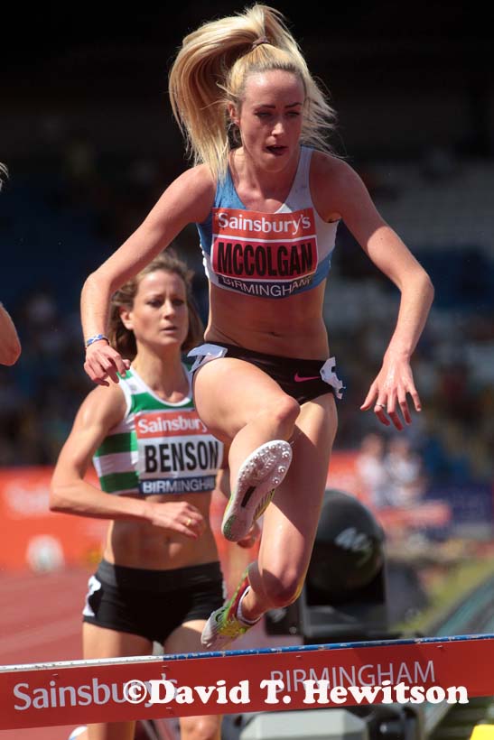 Eilish McColgan on her way to winning the 3000 metres steeplechase at the Sainsbury's British Championships, Birmingham.